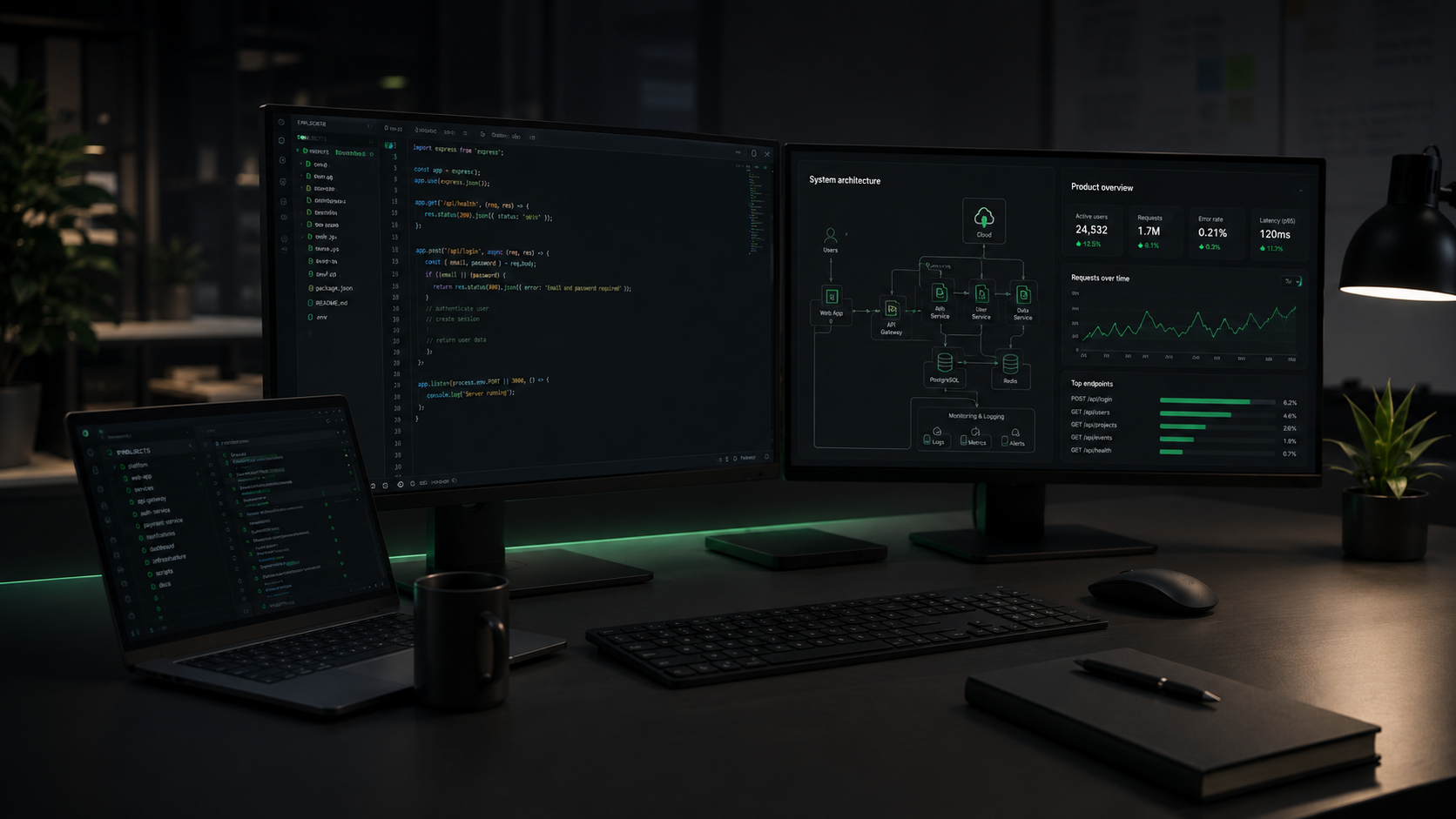 Dark office workspace with software dashboards on monitors