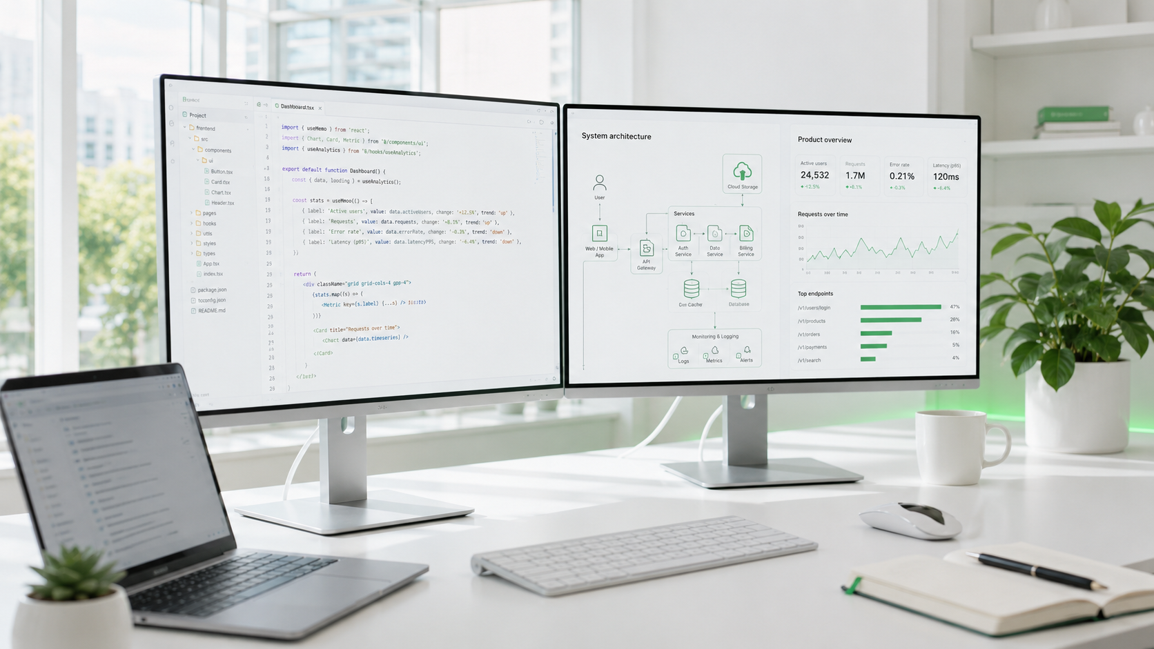 Bright office workspace with software dashboards on monitors