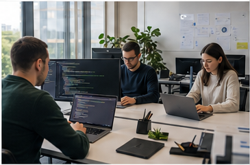 People working on software in an office